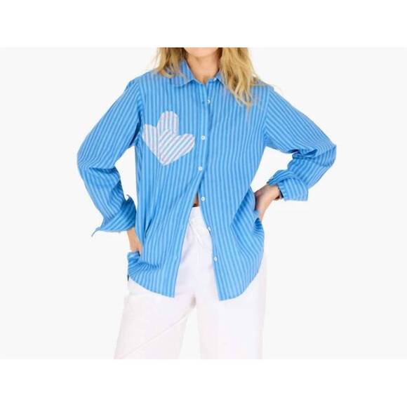 KERRI ROSENTHAL Tops - NEW KERRI ROSENTHAL women's mia stripe patchwork shirt in light blue mid blue